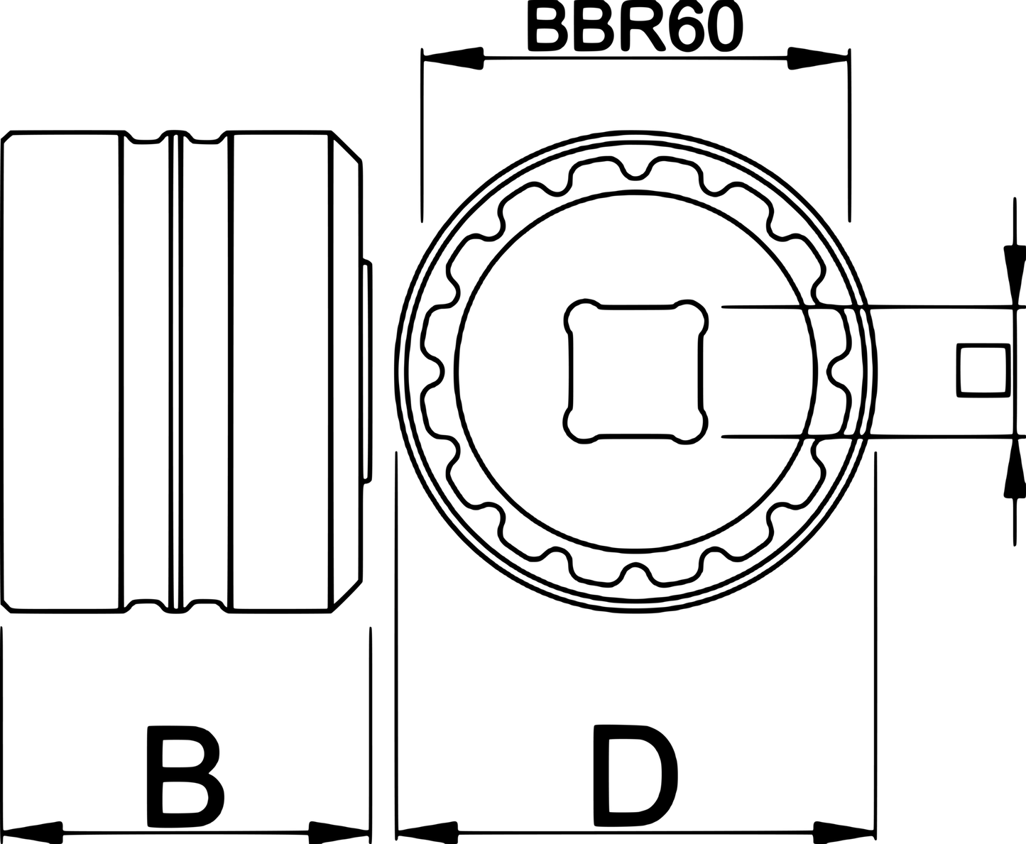Unior 1724.FR60 Fazua Ride 60 lockring tool dimension drawing, width B and diameter D callouts