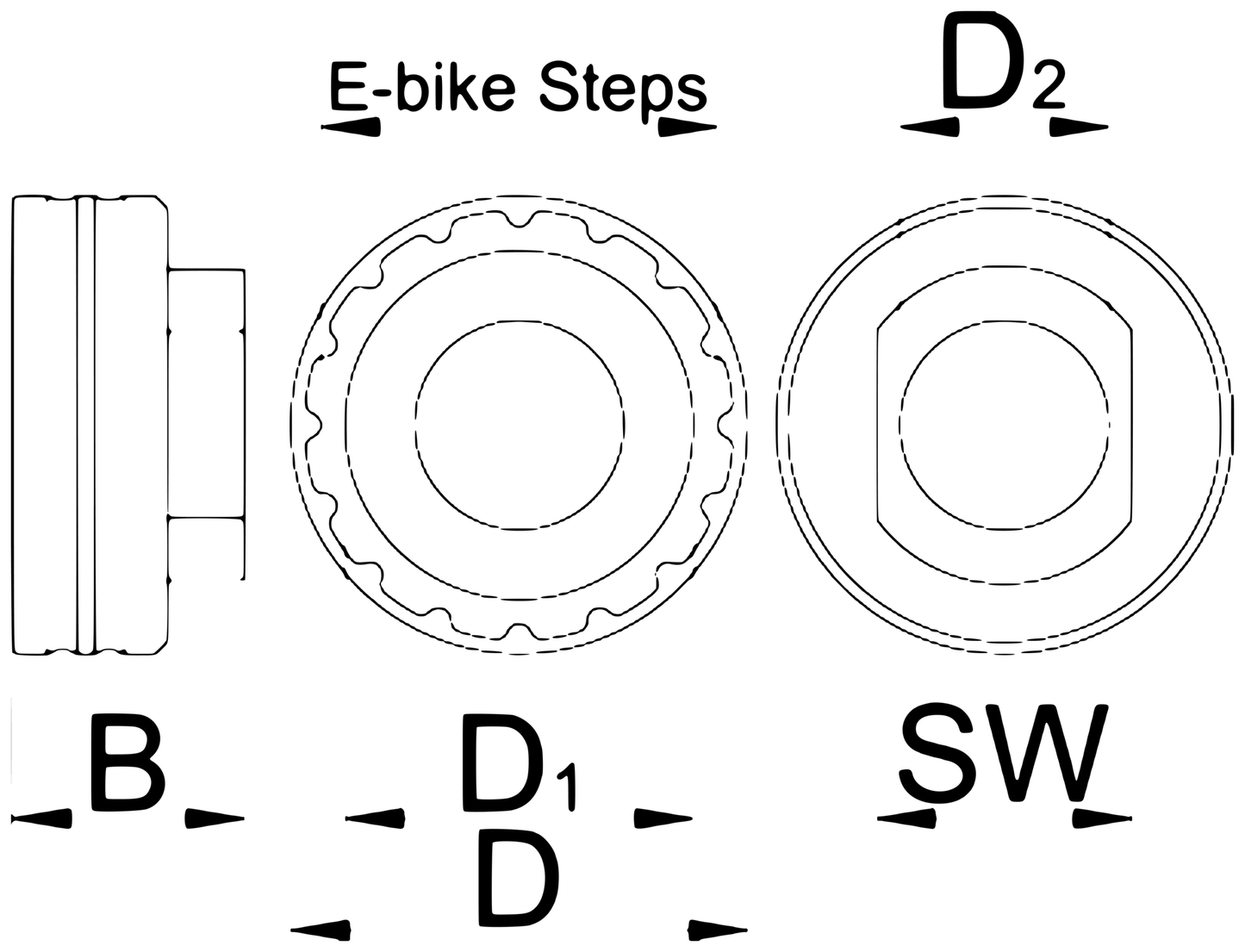 Unior 1724.SSL Shimano STEPS lockring tool dimension drawing with B, D, D1, D2 and 32 mm hex SW callouts