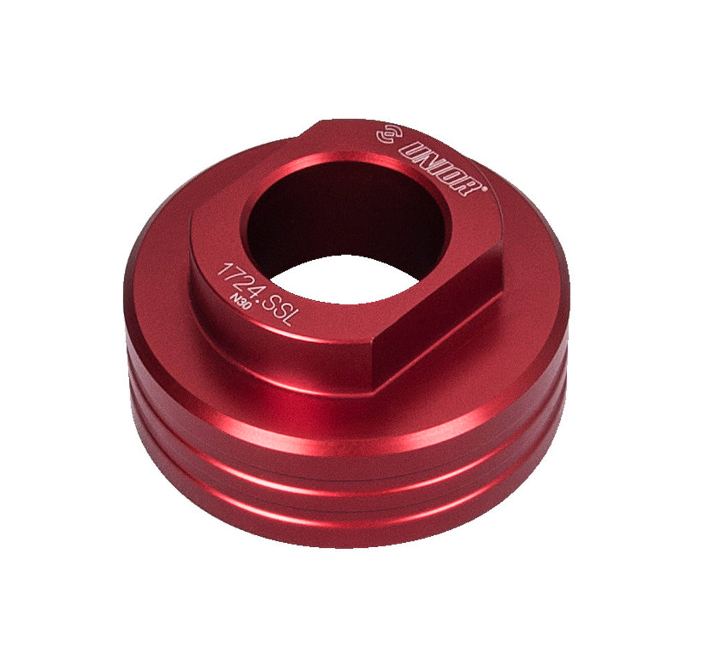 Unior 1724.SSL red-anodized Shimano STEPS lockring tool, hex-drive face with article stamp and UNIOR mark