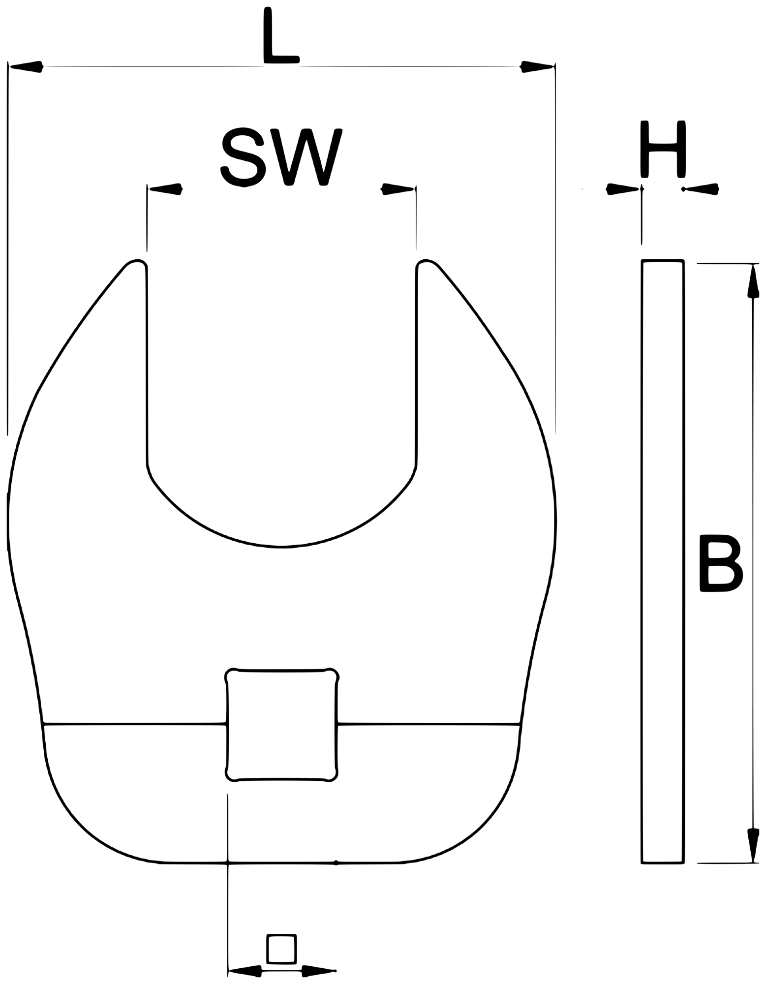 Unior 1725/2CF crowfoot dimension drawing with callouts L, SW, H, B and 1/2-inch square drive