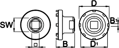 Unior Bosch Gen 2 Lockring Tool 1726.BL2 dimension drawing with SW, D, D1, B and B1 callouts and 1/2 inch square drive