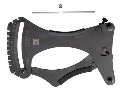 Unior Spoke Tension Meter 2.0 1752/6 with engraved scale arc and calibration rod for measuring bicycle spoke tension