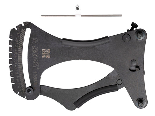 Unior Spoke Tension Meter 2.0 1752/6 with engraved scale arc and calibration rod for measuring bicycle spoke tension