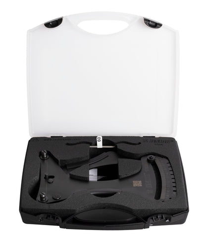 Unior Spoke Tension Meter 2.0 seated in its foam-lined carry case beside the calibration rod