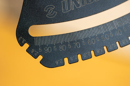 Spoke Tension Meter 2.0 scale detail, numbered increments from 10 to 90 laser-etched into the steel arc