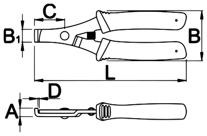 Dimension drawing of Unior Straight Pull Spoke Pliers 1753/2B-US with callouts A, B, B1, C, D and L