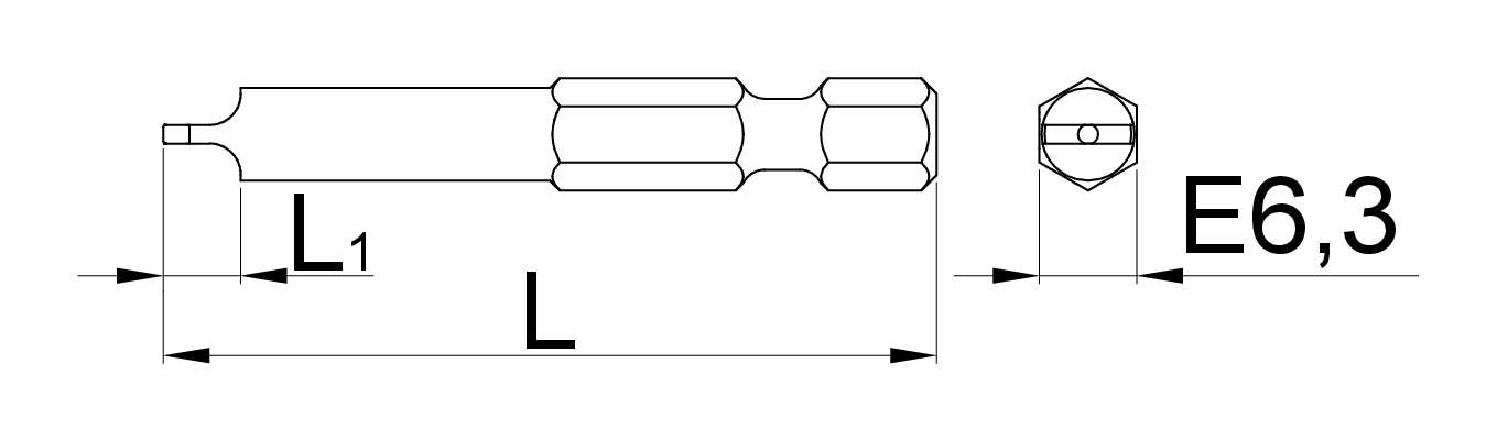 Unior Speed Nipple Bit engineering drawing: side profile showing the slot-head tip with its depth-control pin (L1), the overall length (L), and the 1/4-inch (E6.3) hex shank, with a hex end view