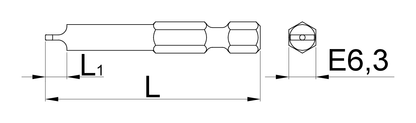 Unior Speed Nipple Bit engineering drawing: side profile showing the slot-head tip with its depth-control pin (L1), the overall length (L), and the 1/4-inch (E6.3) hex shank, with a hex end view