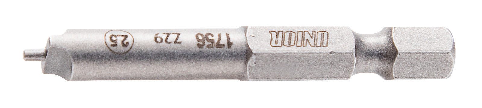 Close-up of the Unior Speed Nipple Bit 2.5mm showing the slot-head tip with its depth-control pin and the 1/4" hex shank, stamped 1756 Z29 2.5
