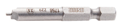 Close-up of the Unior Speed Nipple Bit 2.5mm showing the slot-head tip with its depth-control pin and the 1/4" hex shank, stamped 1756 Z29 2.5