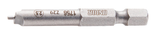 Close-up of the Unior Speed Nipple Bit 2.5mm showing the slot-head tip with its depth-control pin and the 1/4" hex shank, stamped 1756 Z29 2.5