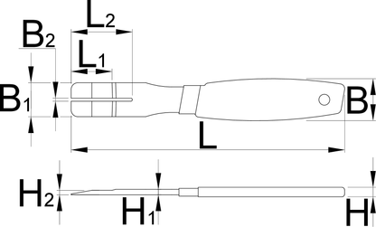 Unior 2-in-1 Disc Brake Tool 1757/2DP dimensioned line drawing: rotor-truing slot end and piston-spreader tip with B, L and H callouts