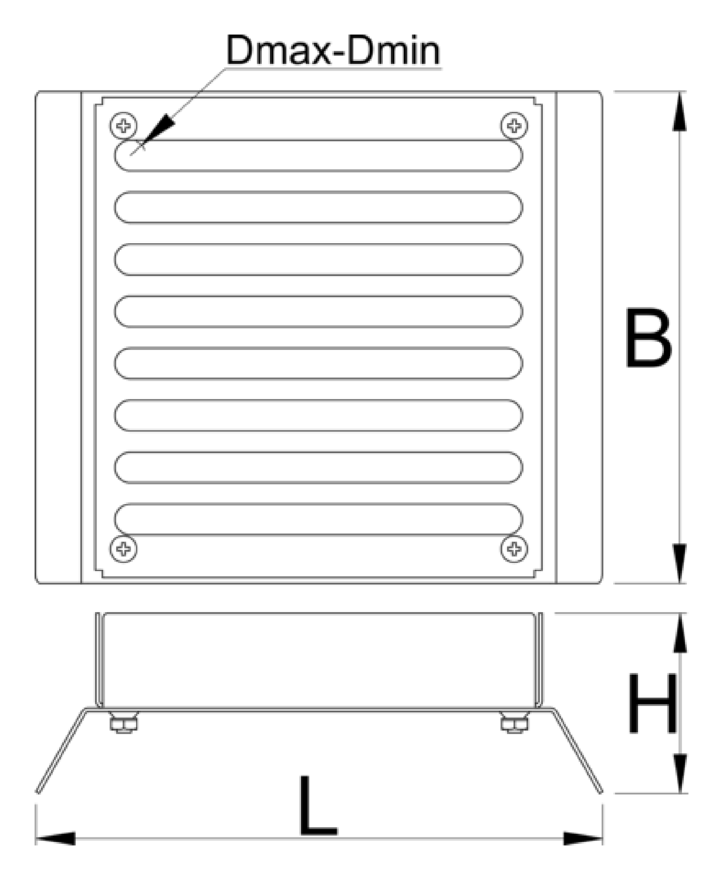 Unior Spoke Nipple Shuffler 1761 dimension drawing, top and side views with L, B, H and Dmax-Dmin callouts