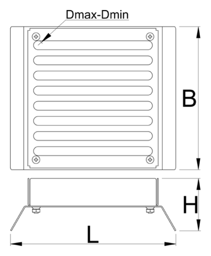 Unior Spoke Nipple Shuffler 1761 dimension drawing, top and side views with L, B, H and Dmax-Dmin callouts
