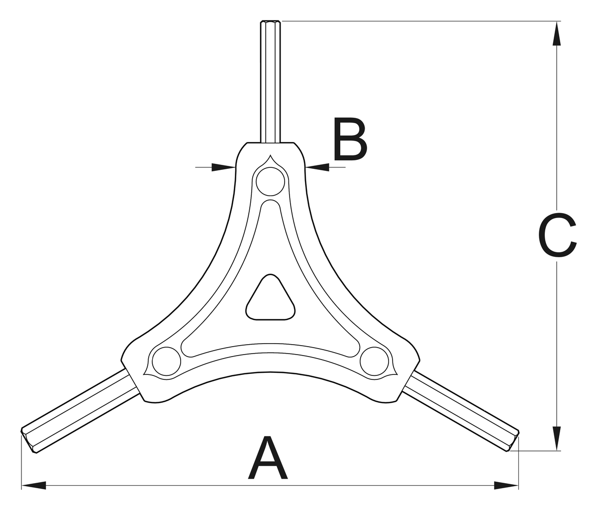 Unior 1781/2HX-US Y hex wrench dimension drawing, item 624908: A 122 mm across the arms, B 16 mm handle section, C 106 mm height