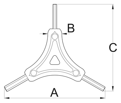 Unior 1781/2HX-US Y hex wrench dimension drawing, item 624908: A 122 mm across the arms, B 16 mm handle section, C 106 mm height