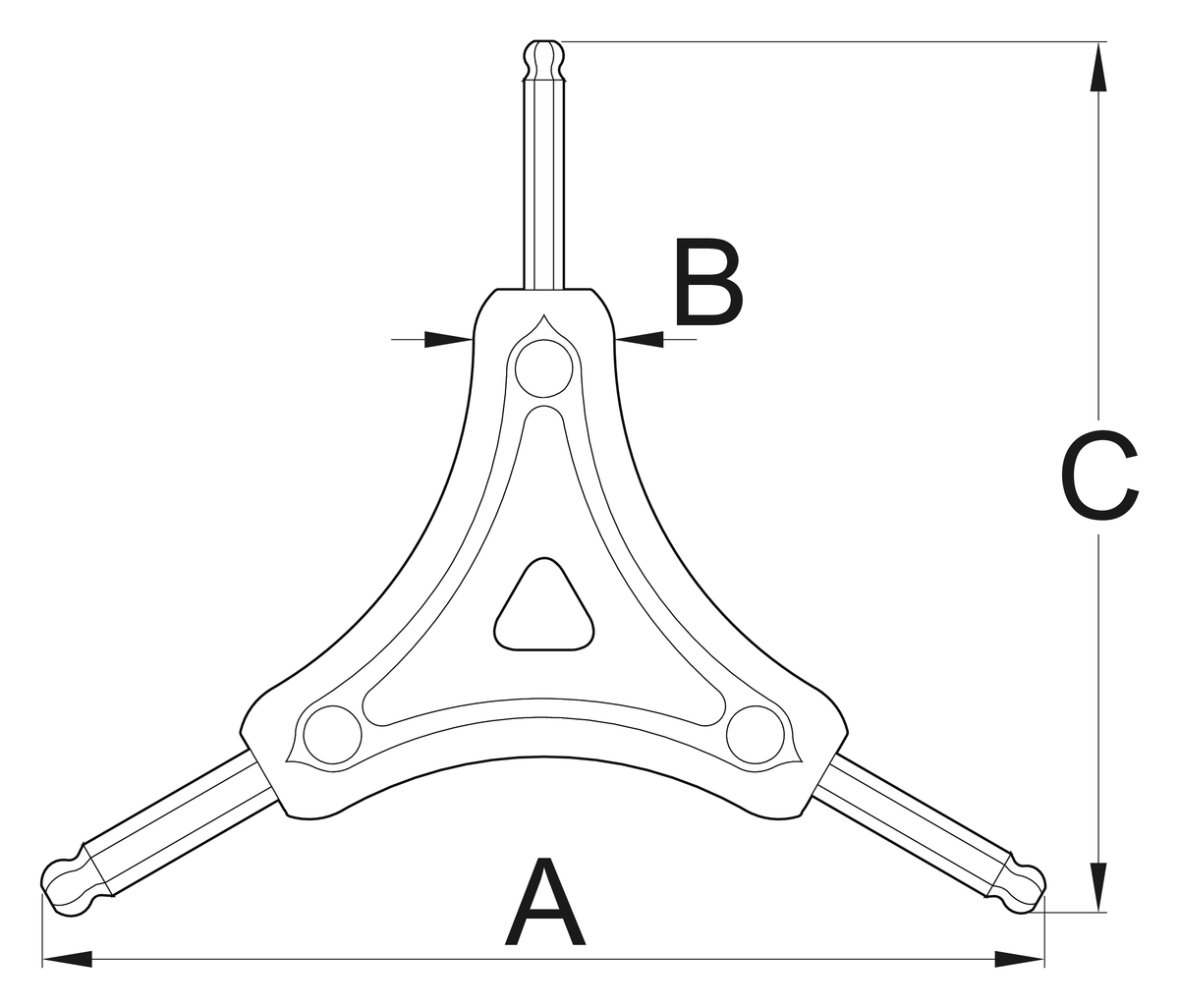Unior 1781/2HXS-US ball-end hex Y-wrench dimension drawing: A 122 mm across the arms, B 16 mm handle width, C 106 mm height