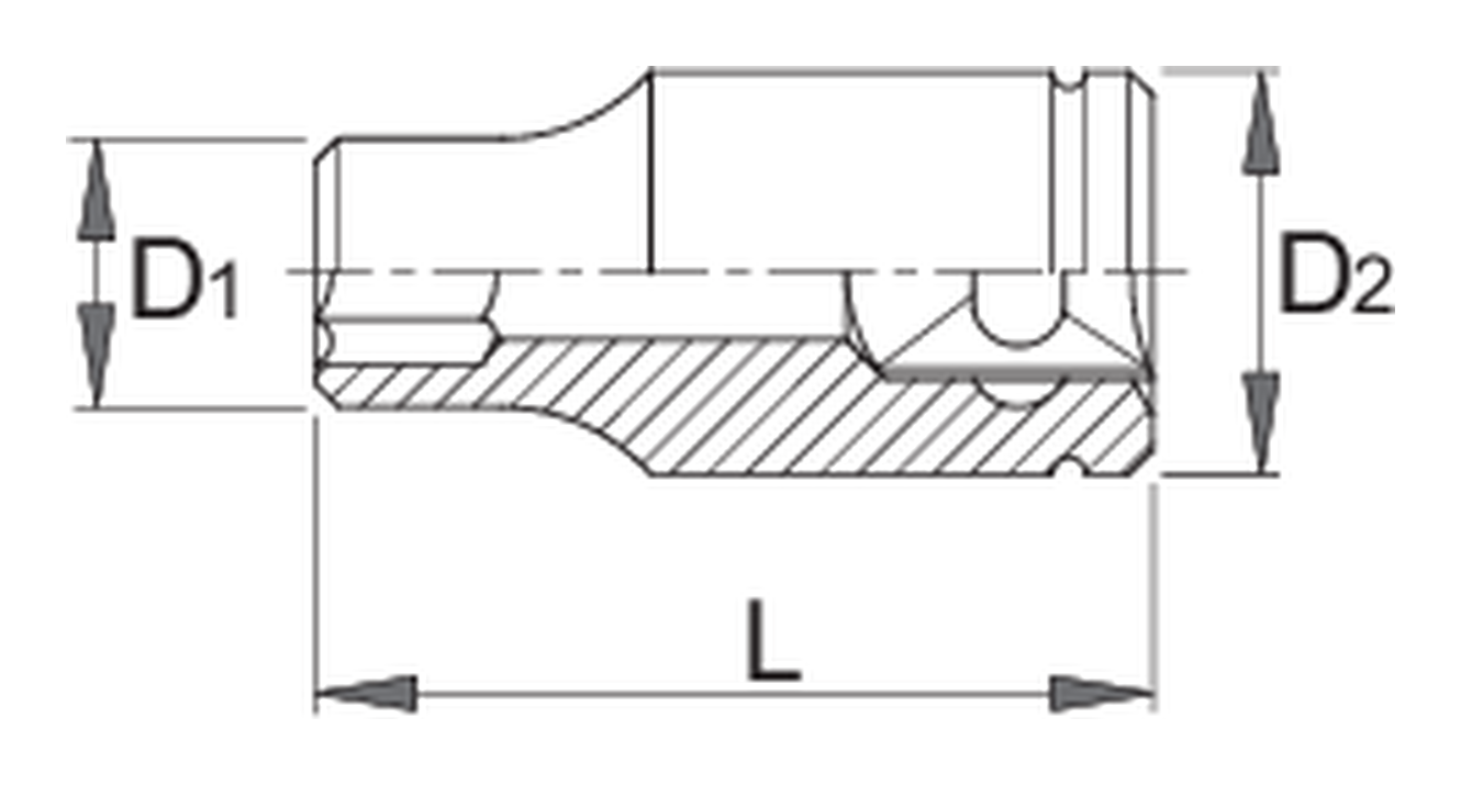 Dimension line drawing of the Unior 1783/1 6P flat socket showing socket diameters D1 and D2 and overall length L
