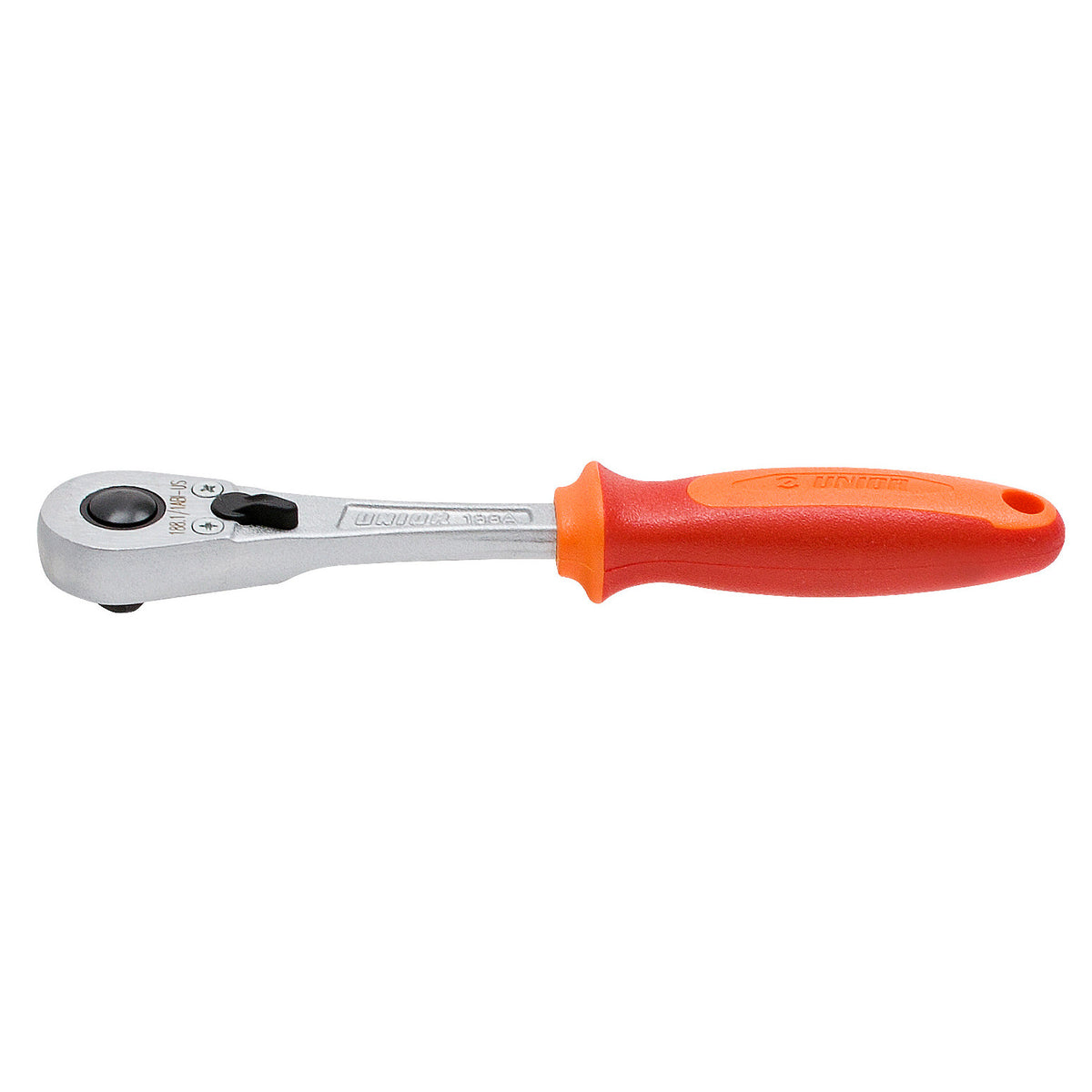 Unior 188.1/1ABI-US 1/4-inch ratchet shown full length: engraved head, black release button and lever, red and orange handle