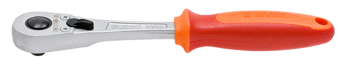 Unior 188.1/1ABI-US 1/4-inch drive reversible ratchet: chrome-plated drop-forged head with push-button socket release and direction lever, red and orange double-component handle