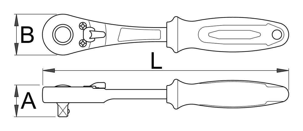 Unior 188.1/1ABI-US 1/4-inch reversible ratchet dimension drawing: top and side views with callouts L (157 mm overall length), A (24.5 mm) and B (25 mm)