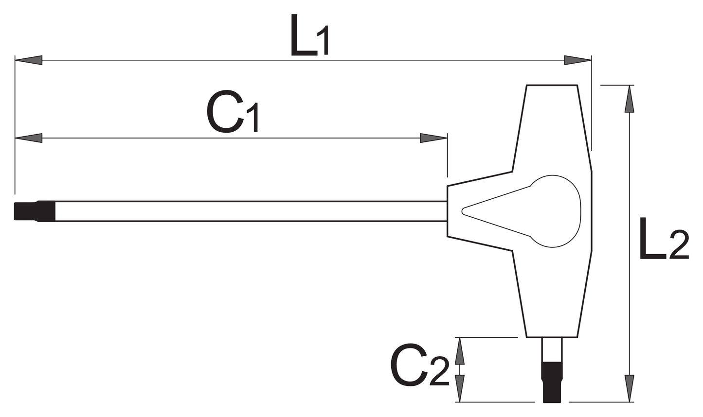 Unior 193HX-US T-handle hex wrench line drawing with L1, C1, L2 and C2 dimension callouts