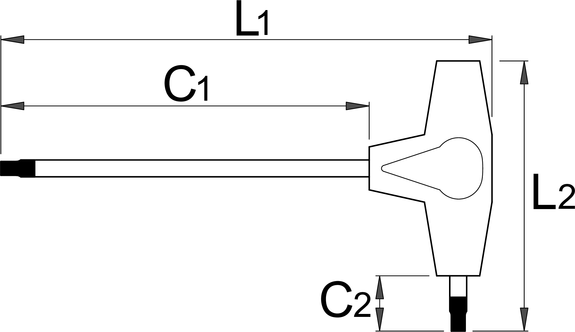 Unior 193HX-US T-handle hex wrench dimensioned drawing showing overall length, shaft length, and handle-height callouts