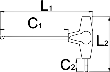 Unior 193HXS-US T-handle ball-end hex wrench line drawing showing the ball tip, with L1, C1, C2 and L2 dimension callouts
