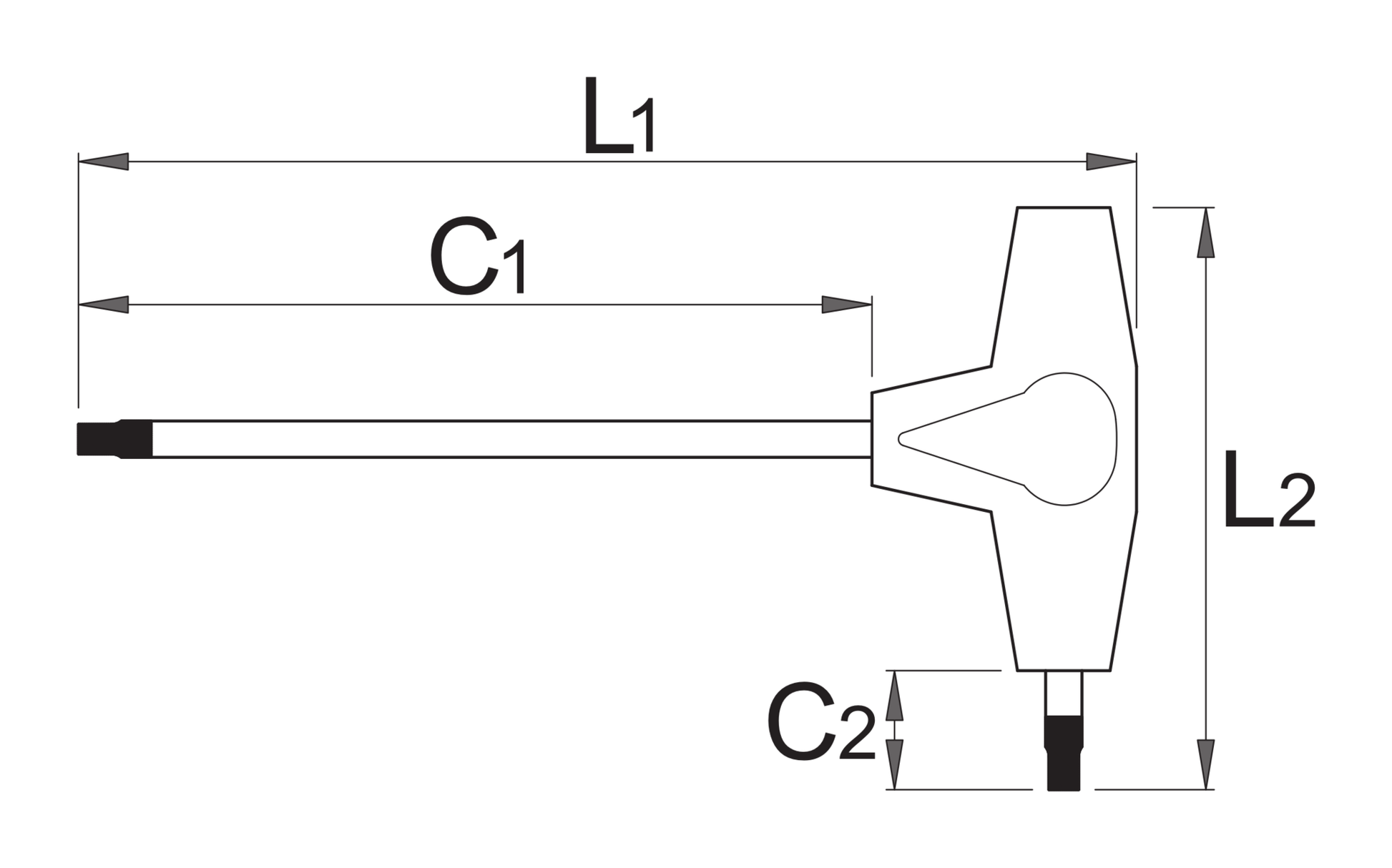 Unior 193TX T-handle TX wrench dimension drawing: overall length L1, blade length C1, handle width L2, tip length C2
