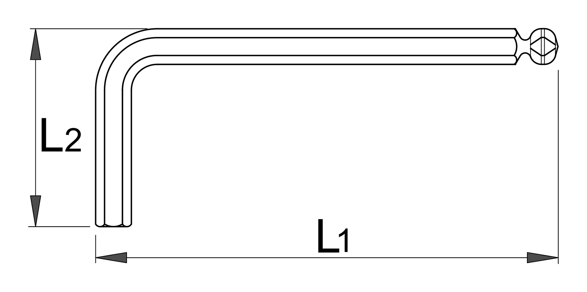 Unior 220/3SL long ball-end hex wrench dimension drawing with L1 long-arm and L2 short-arm callouts