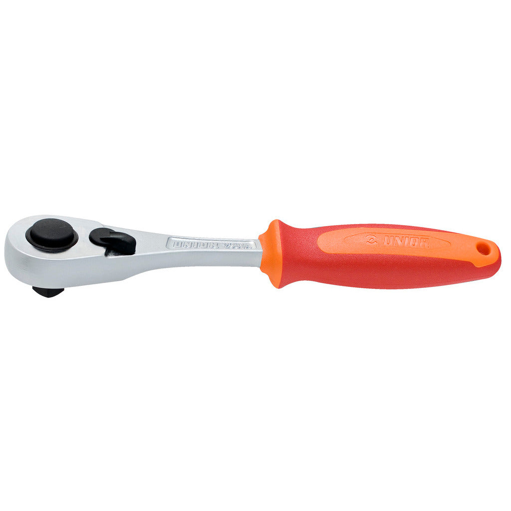 Unior 238.1/1ABI-US 3/8-inch ratchet shown full length: black release button and lever on the head, red and orange handle