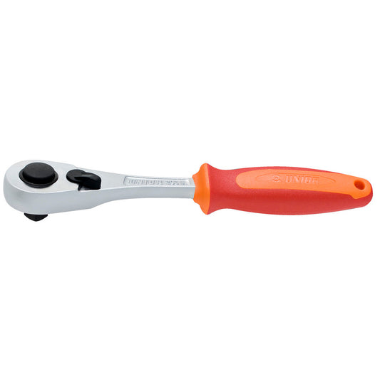 Unior 238.1/1ABI-US 3/8-inch ratchet shown full length: black release button and lever on the head, red and orange handle