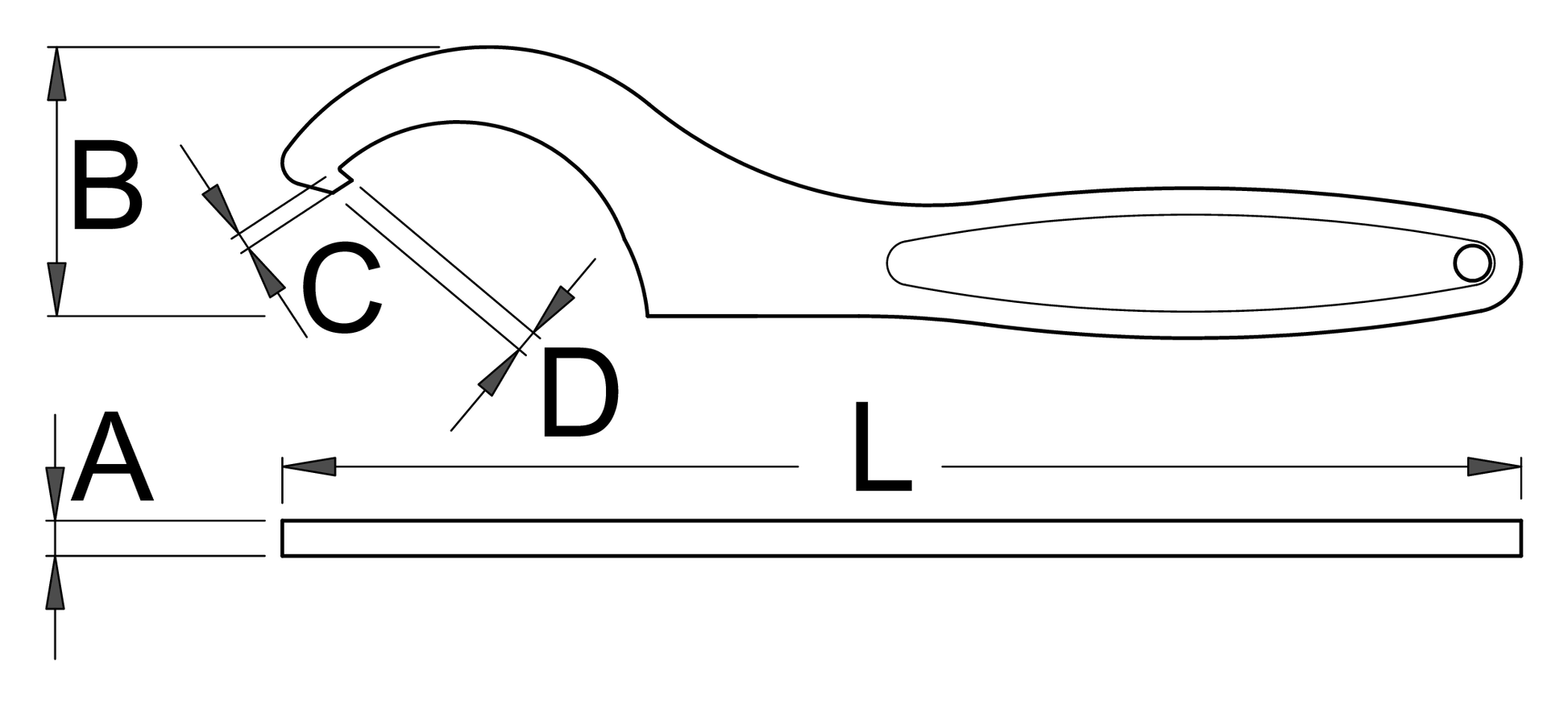Unior 255/2 hook wrench dimension drawing with the L, A, B, C and D measurement callouts from the official datasheet