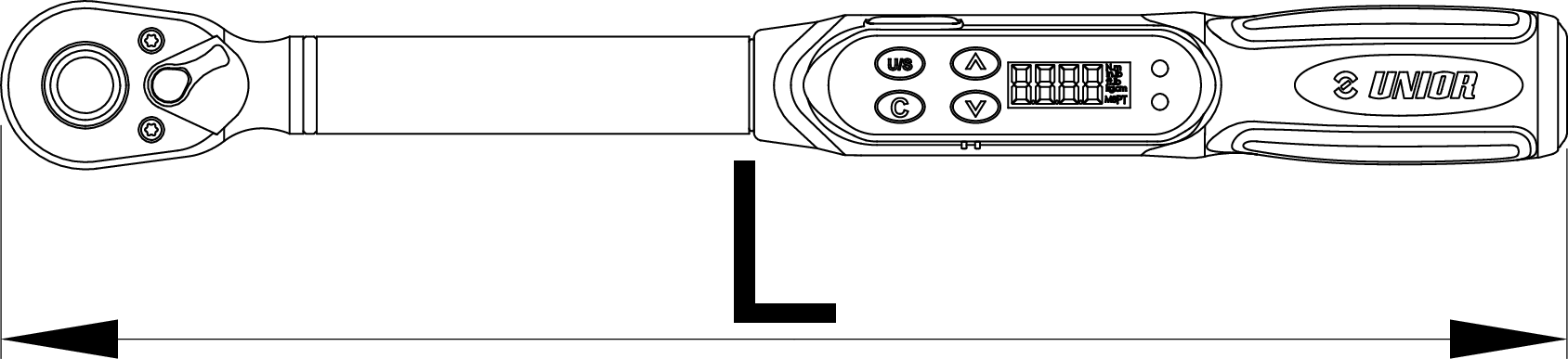 Unior 266B electronic torque wrench dimension drawing with overall length L callout; the 1 to 20 Nm model is 207 mm long