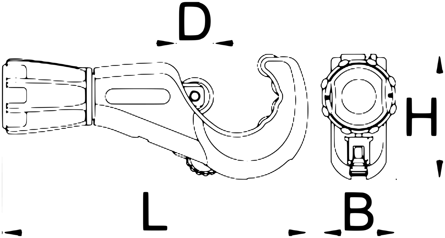 Unior Tube Cutter 360/6A dimension drawing with callouts B width, D diameter, H height, and L length
