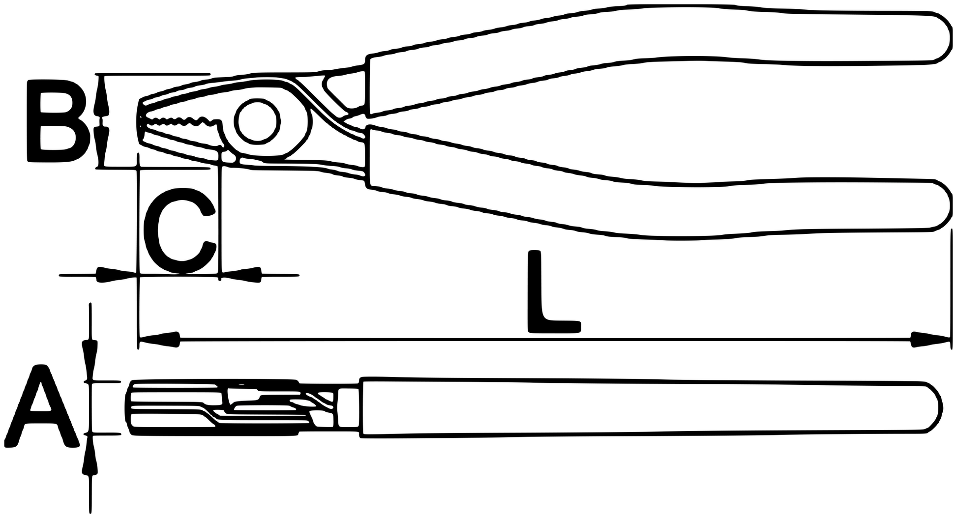 Unior 407/4DP-US screw grabbing pliers dimension drawing: length L 170 mm, head width B, jaw depth C, thickness A