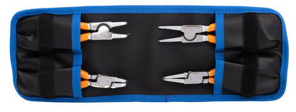 Unior 539PLUS circlip pliers set arranged inside the blue zipper pouch, four internal retaining-ring pliers visible