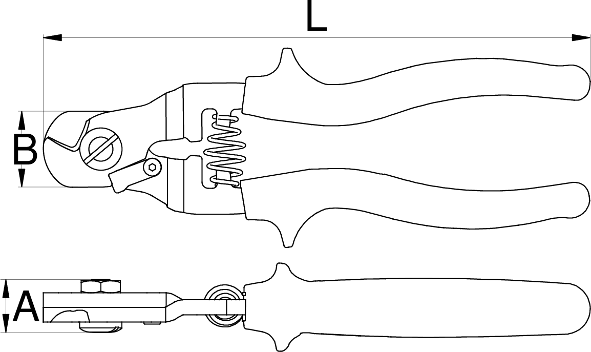 Unior 584/4BI-US cable housing cutters dimension drawing with length L 180 mm, width B 25 mm and thickness A 18 mm callouts