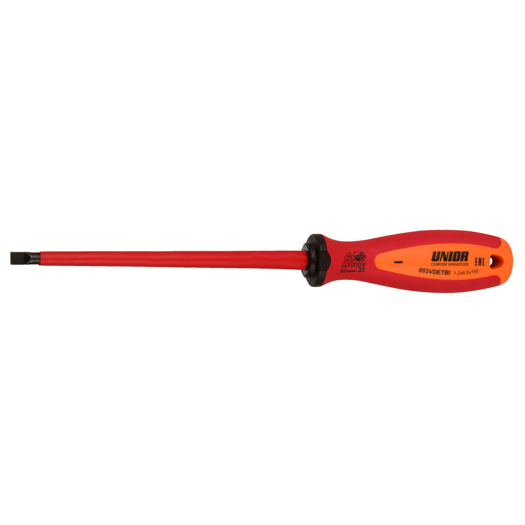 Unior 603VDETBI insulated slotted screwdriver shown full length: red insulated blade, handle printed 1000 V and 1,2x6,5x150