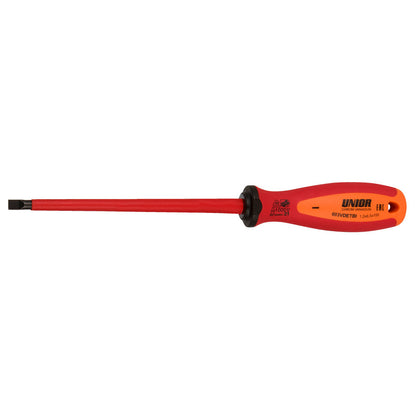 Unior 603VDETBI insulated slotted screwdriver shown full length: red insulated blade, handle printed 1000 V and 1,2x6,5x150