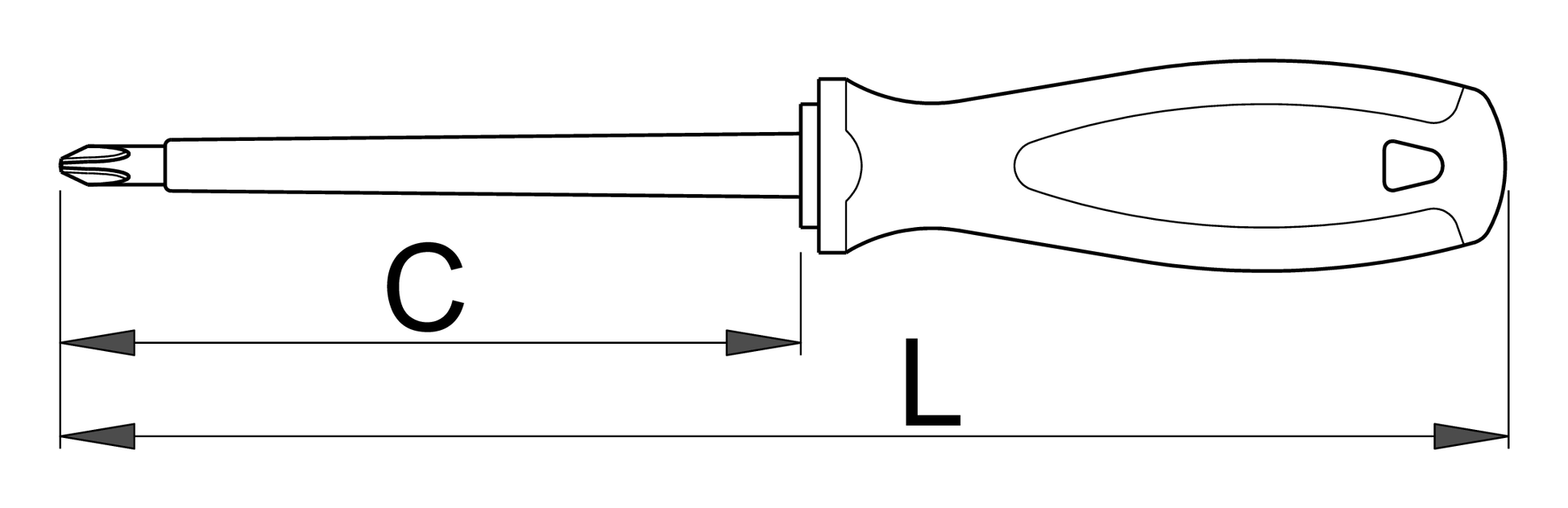 Unior 613VDETBI Phillips screwdriver dimension drawing showing blade length C and overall length L