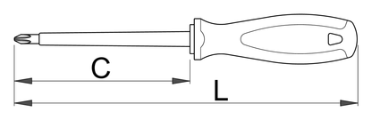 Unior 613VDETBI Phillips screwdriver dimension drawing showing blade length C and overall length L
