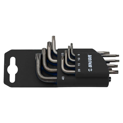 Unior 8-piece Short Torx Wrench Set 220/7TXNPH on plastic clip, sizes T9 through T40 marked on holder