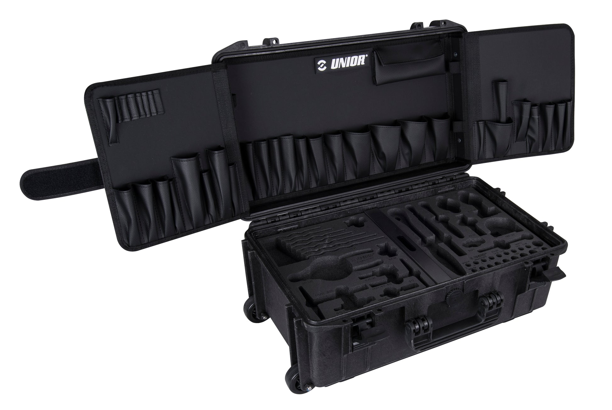 Unior Master Kit Tool Case 2.0 970MASTERKIT open, showing the 44-pocket lid flaps and cut-out SOS foam trays in the base