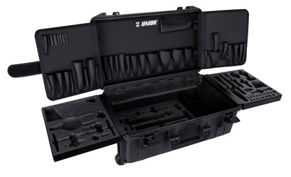 Unior Master Kit Tool Case 2.0 open, empty interior showing fabric tool pockets and wheeled hard-shell shell