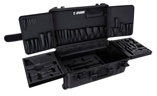 Unior Master Kit Tool Case 2.0 open, empty interior showing fabric tool pockets and wheeled hard-shell shell