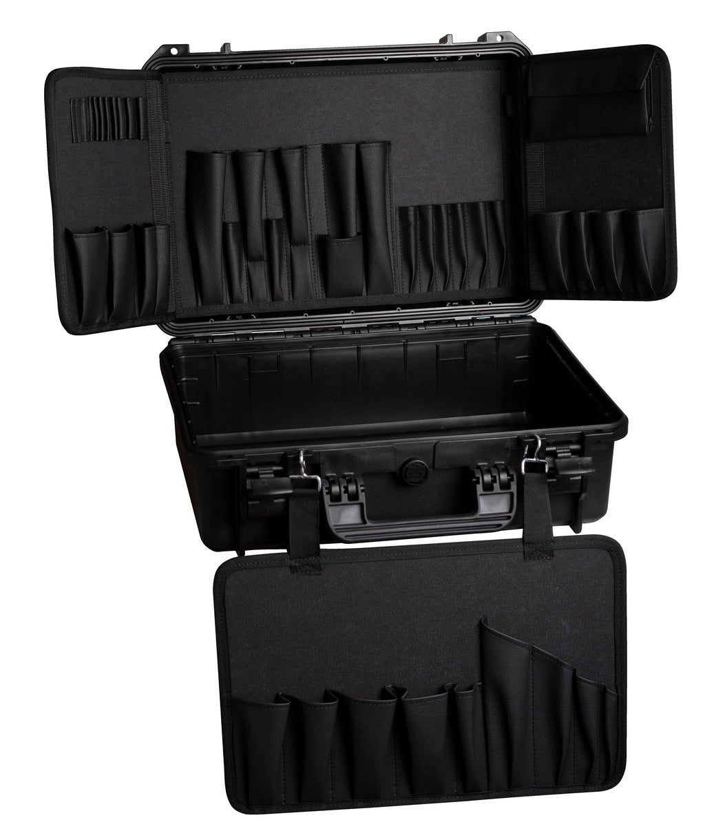 Unior Pro Kit Tool Case 2.0 open, three black fabric panels with empty tool pockets and a hard-shell base