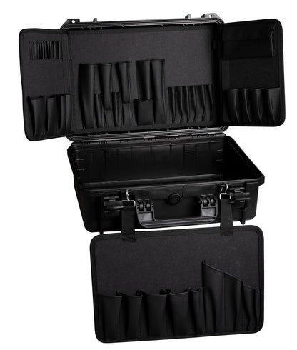 Unior Pro Kit Tool Case 2.0 open, three black fabric panels with empty tool pockets and a hard-shell base