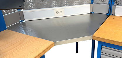 Unior 990TW1-SST wooden corner workbench installed between two oak benches with stainless cover and blue uprights