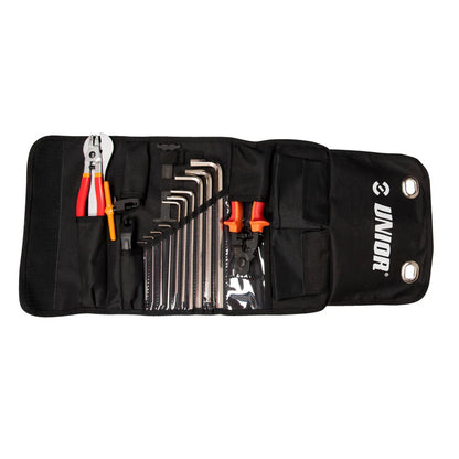Unior BMX Kit Roll Set 1600BMX-ROLL canvas roll-up bag opened to show pliers, hex keys, and tire levers
